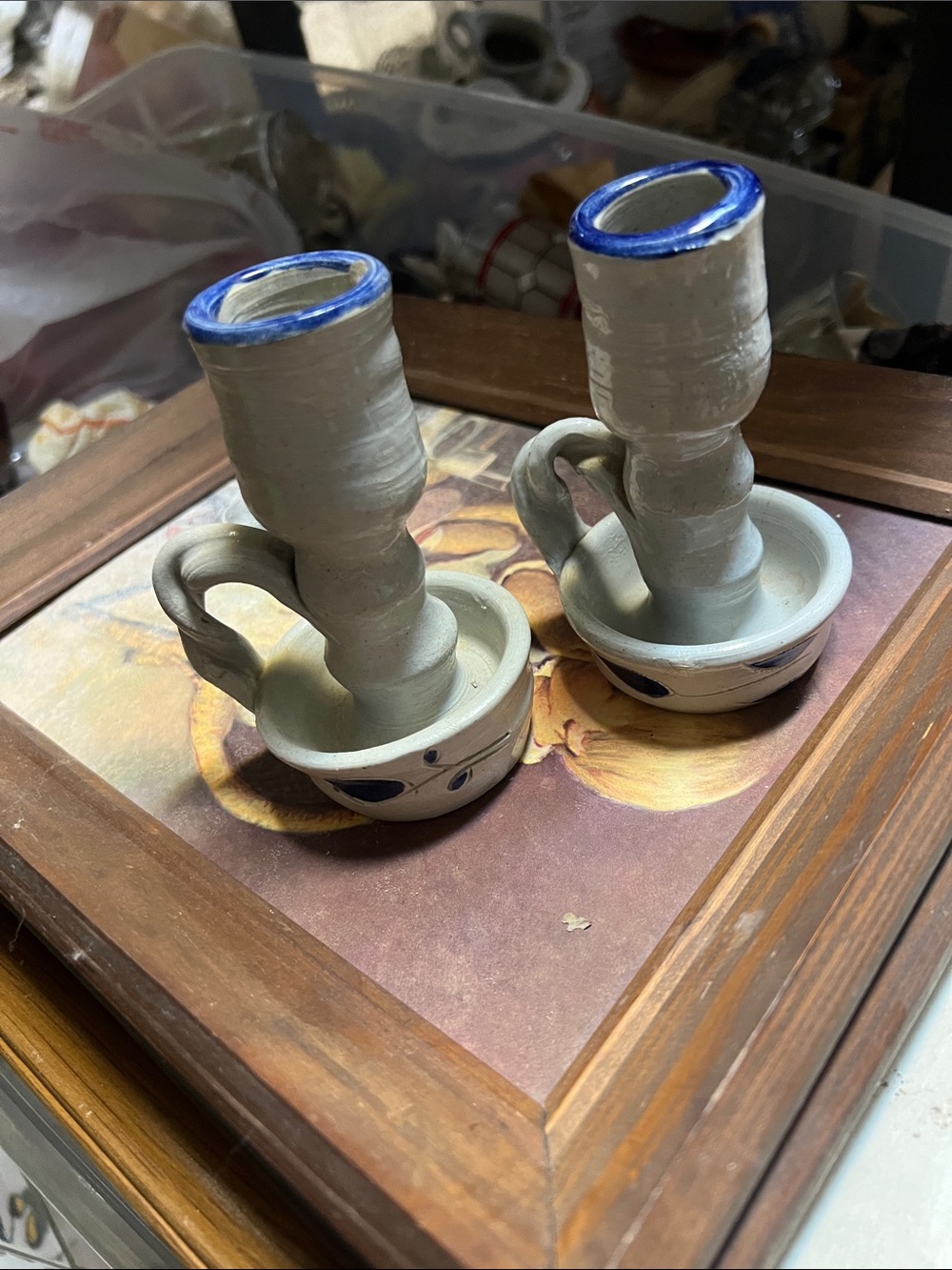 Vintage Ceramic Candle Holders with Blue Trim - Unbranded